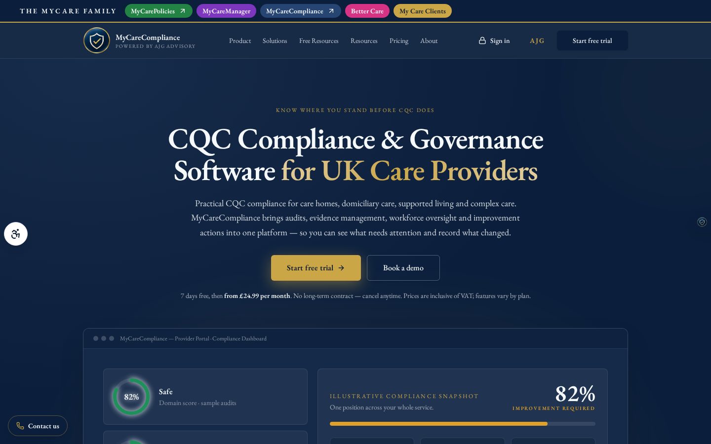 MyCareCompliance website showing CQC compliance and governance software