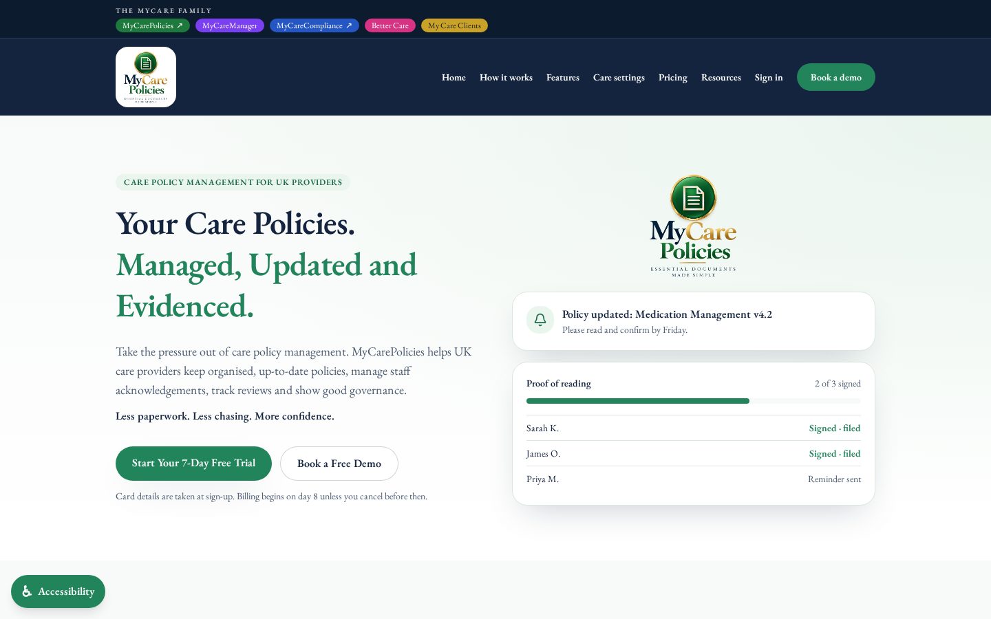MyCarePolicies website showing care policy management